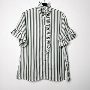 Mille Vanessa Top XL Green Stripe Ruffle Cotton Resort Blouse NWT
